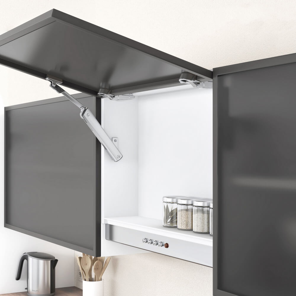 Комплект подъёмника Блюм AVENTOS HK-XS узкая АЛЮМ. рамка cиловой механизм 11 TIP-ON, 2 петли, платиново-серый