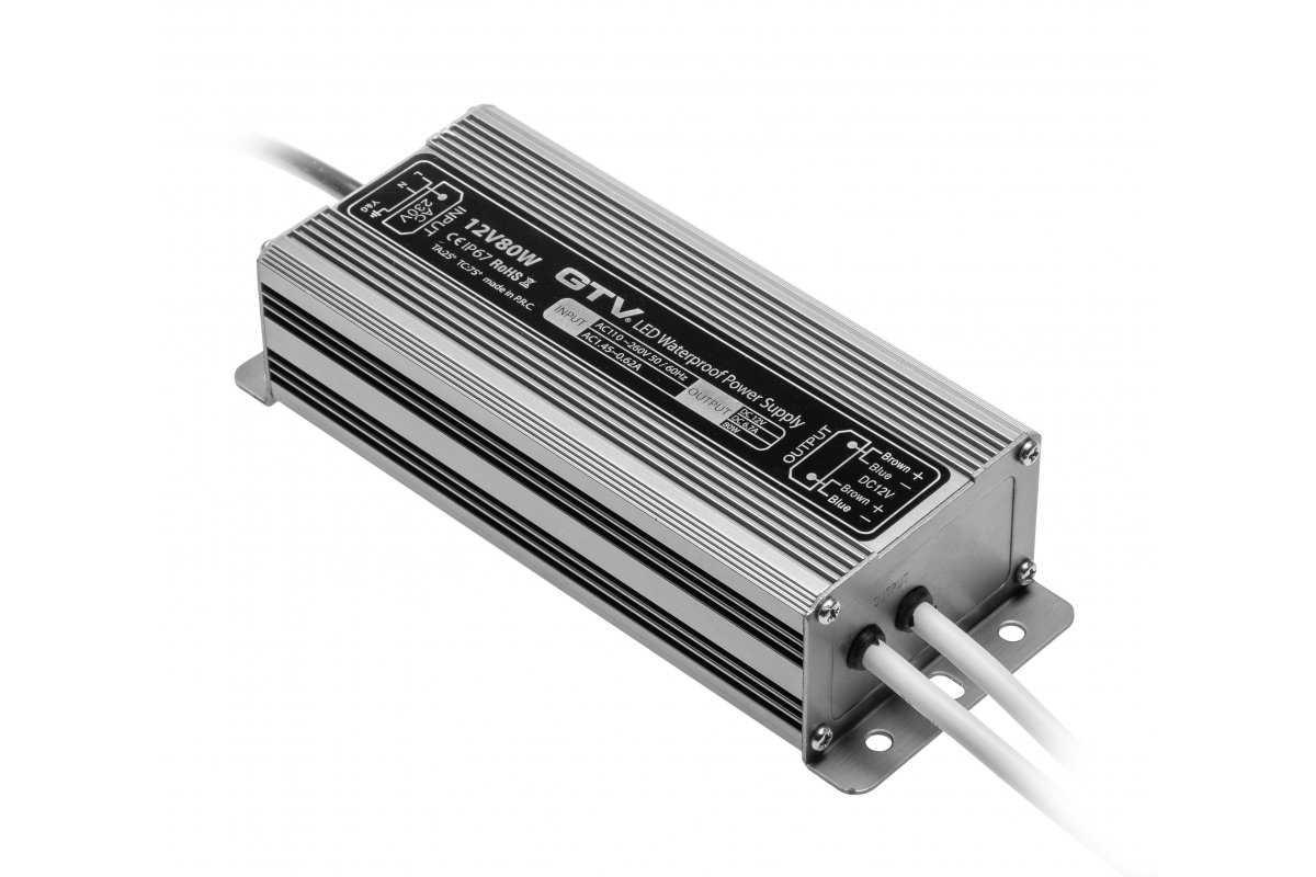 GTV БЛОК ПИТАНИЯ ВОДОСТОЙКИЙ LED 220V/12V/80W, IP 67, ЦВЕТ МЕТАЛЛ