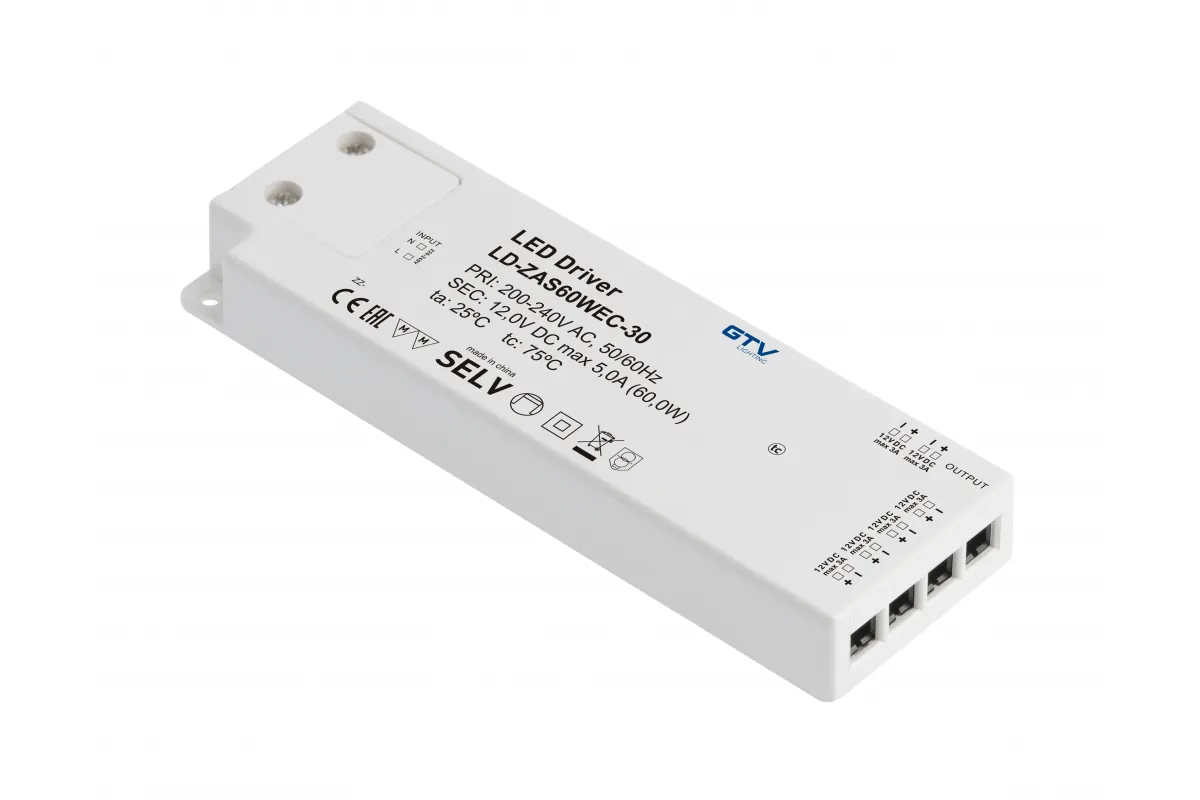 GTV БЛОК ПИТАНИЯ EASY CLICK 220V/12V/60W, IP20, 129×42×16MM, ПРОВОД ВИЛКА 1,5M, РАЗЪЁМ MINI AMP, ЦВЕТ ПЛАСТИК
