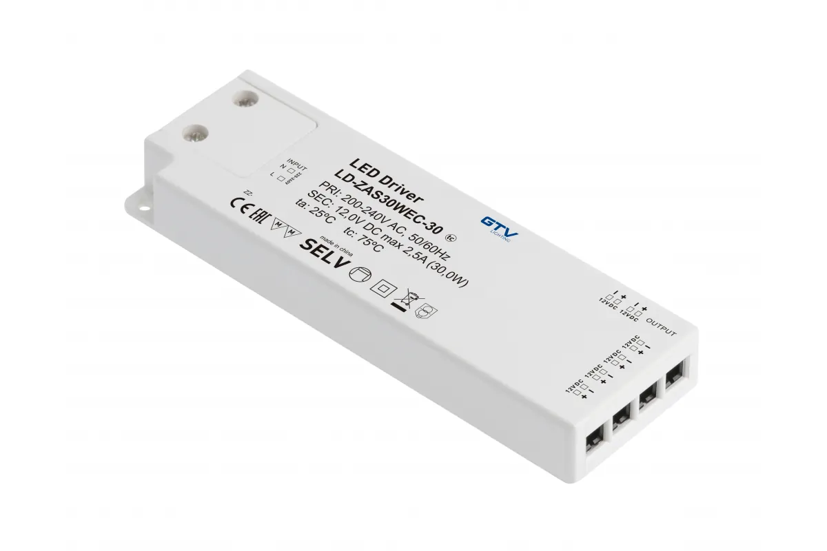 GTV БЛОК ПИТАНИЯ EASY CLICK 220V/12V/30W, IP20, 129×42×16MM, ПРОВОД ВИЛКА 1,5M, РАЗЪЁМ MINI AMP, ЦВЕТ ПЛАСТИК