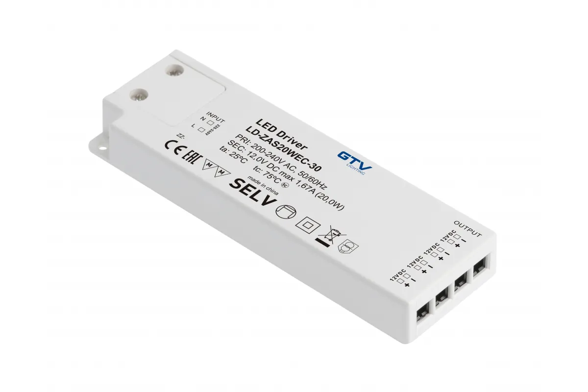 GTV БЛОК ПИТАНИЯ EASY CLICK 220V/12V/20W, IP20, 129×42×16MM, ПРОВОД ВИЛКА 1,5M, РАЗЪЁМ MINI AMP, ЦВЕТ ПЛАСТИК