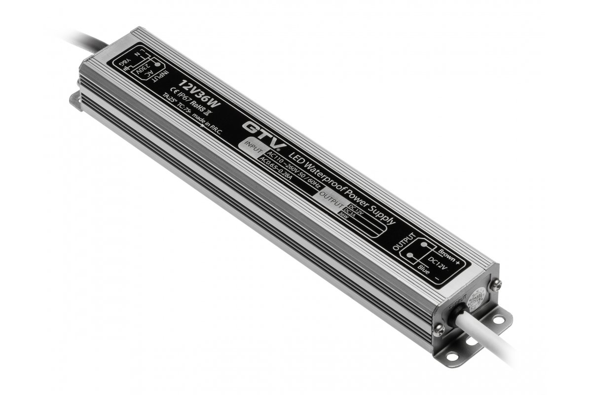 GTV БЛОК ПИТАНИЯ ВОДОСТОЙКИЙ LED 220V/12V/36W, IP 67, ЦВЕТ МЕТАЛЛ