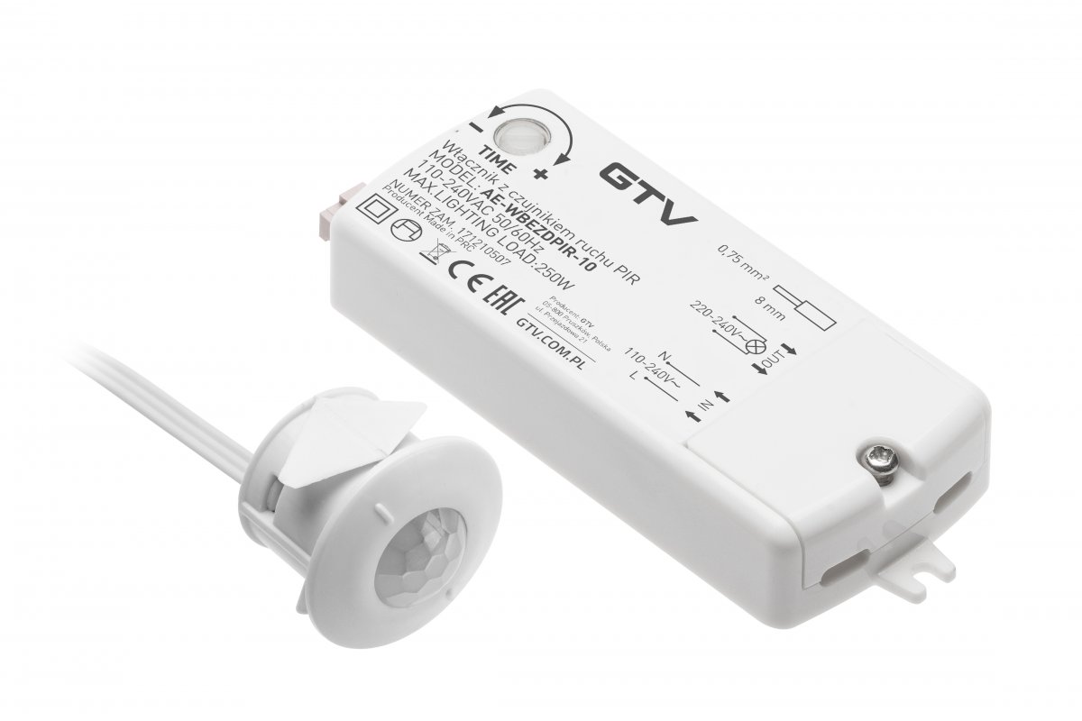 GTV ВЫКЛЮЧАТЕЛЬ БЕСКОНТАКТНЫЙ ВРЕЗНОЙ PIR, 220V/250, IP20, ПРОВОД 2M, ЦВЕТ БЕЛЫЙ
