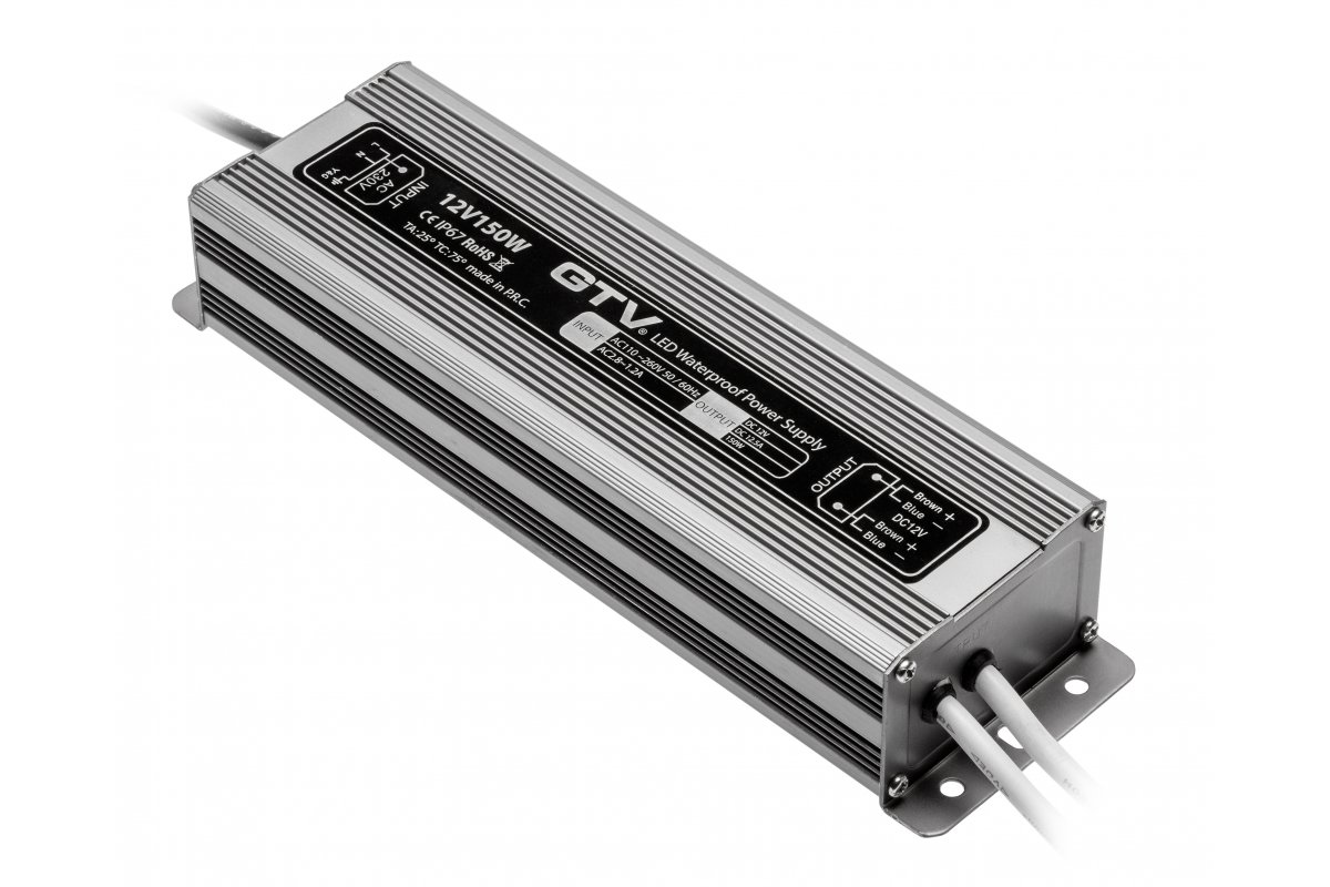 GTV БЛОК ПИТАНИЯ ВОДОСТОЙКИЙ LED 220V/12V/150W, IP 67, ЦВЕТ МЕТАЛЛ