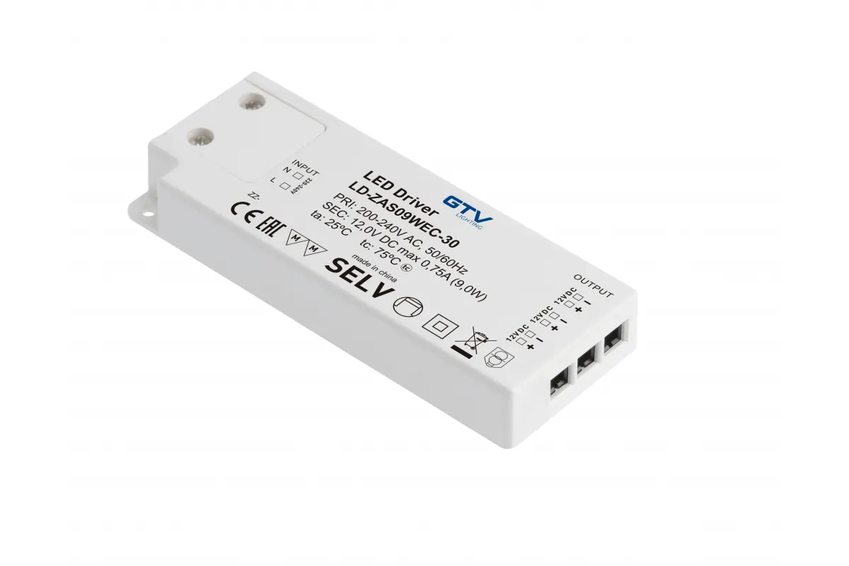 GTV БЛОК ПИТАНИЯ EASY CLICK 220V/12V/9W, IP20, 103×41×12MM, ПРОВОД ВИЛКА 1,5M, РАЗЪЁМ MINI AMP, ЦВЕТ ПЛАСТИК