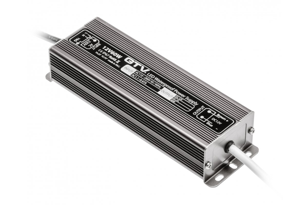 GTV БЛОК ПИТАНИЯ ВОДОСТОЙКИЙ LED 220V/12V/60W, IP 67, ЦВЕТ МЕТАЛЛ