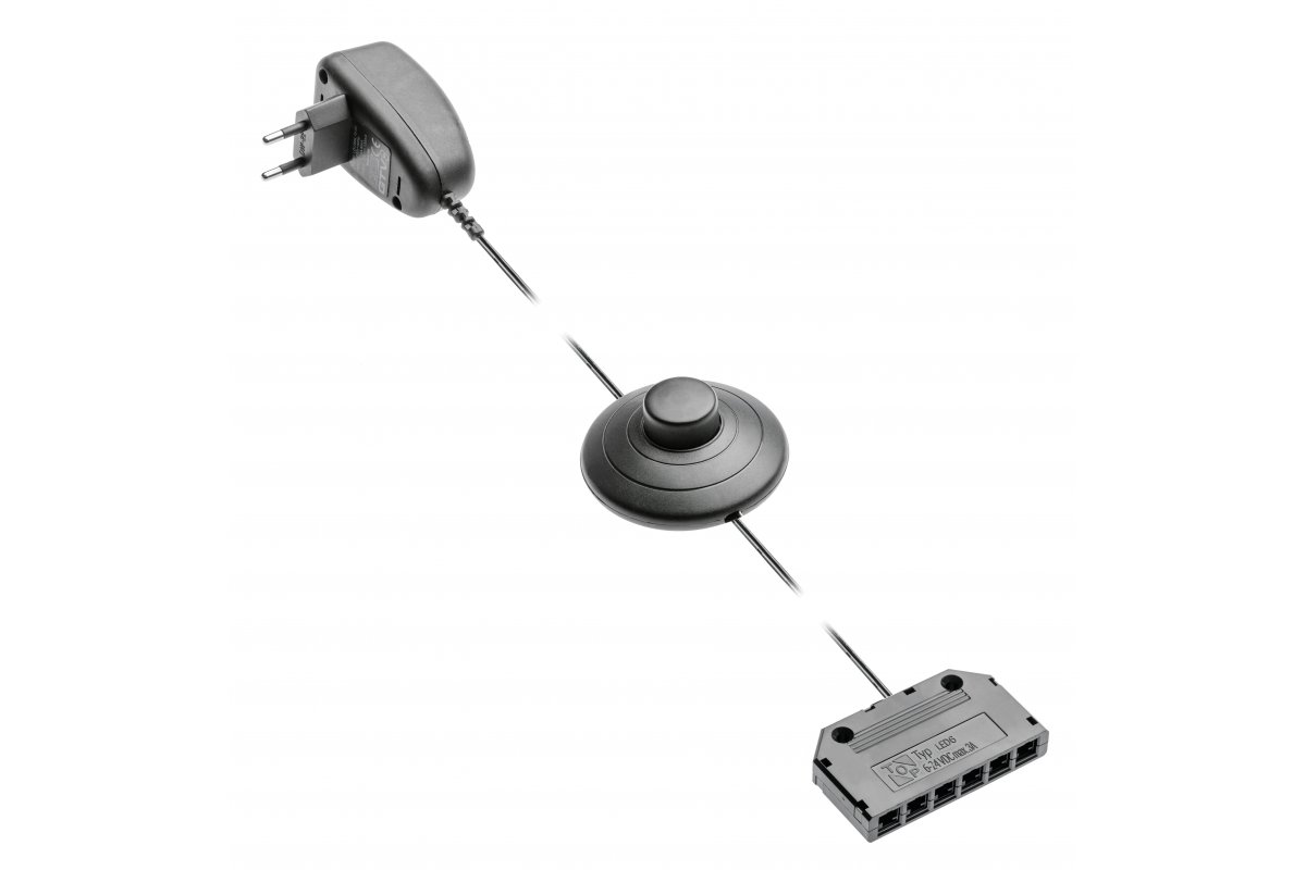 GTV КОМПЛЕКТ, БЛОК ПИТАНИЯ ДЛЯ КЛИПС LED 220V/12V/1,5W, IP 20, ВЫКЛЮЧАТЕЛЬ НОЖНОЙ, ДИСТРИБЬЮТОР 5хMINI AMP, ЦВЕТ ПЛАСТИК