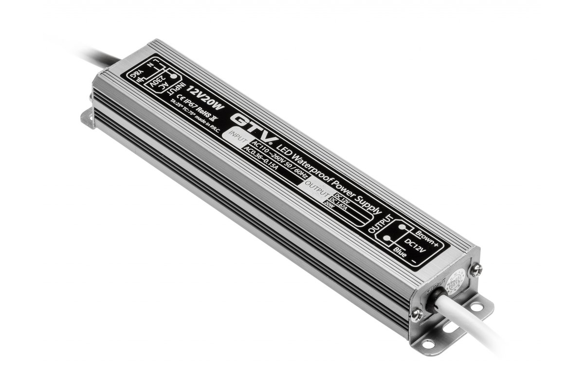 GTV БЛОК ПИТАНИЯ ВОДОСТОЙКИЙ LED 220V/12V/20W, IP 67, ЦВЕТ МЕТАЛЛ